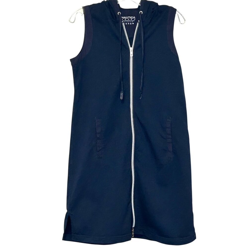 Vintage Nautica Beach  Hooded Coverup Dress Sleeveless Full Zip Pockets Med Blue